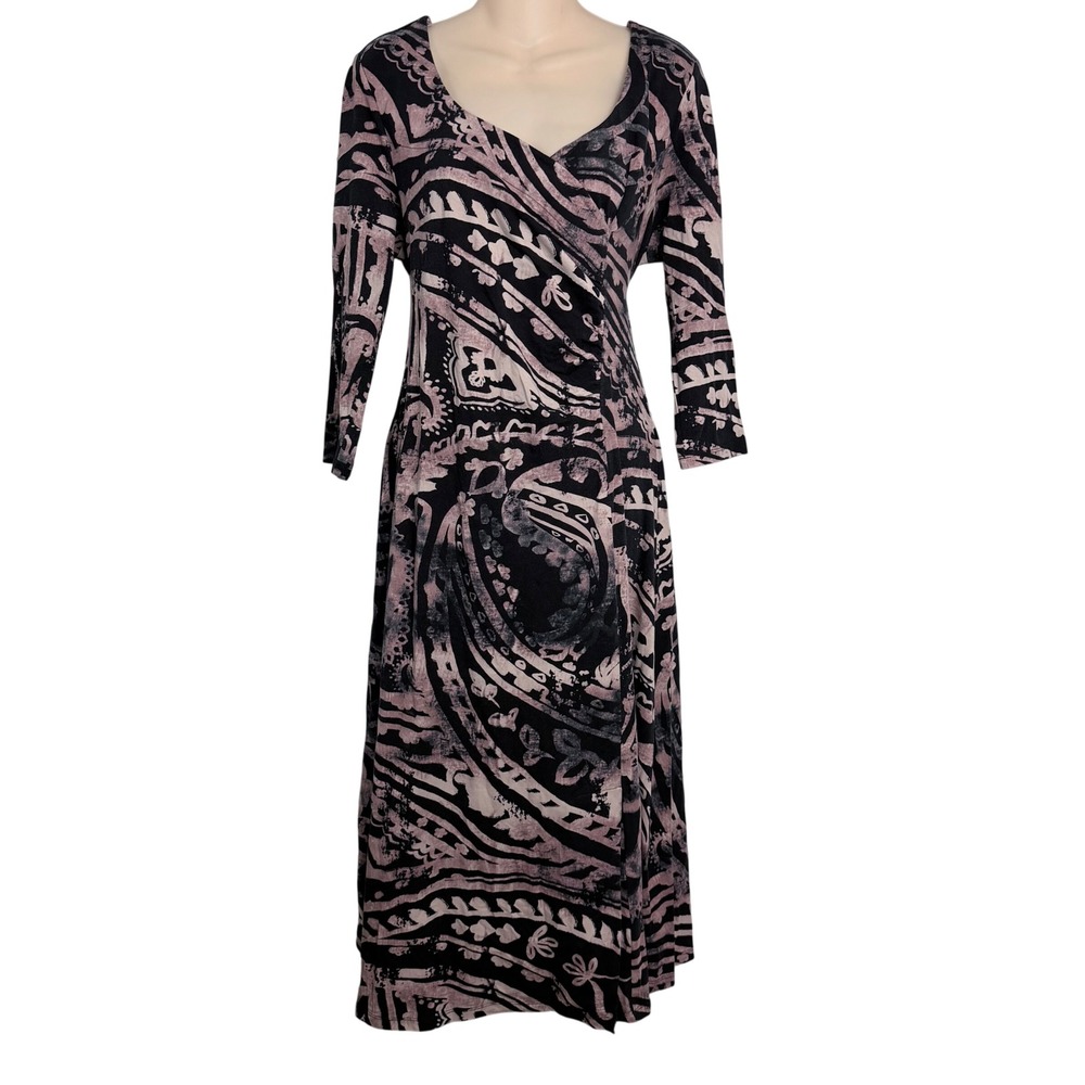 Soft Surroundings Mauve Black‎ Knit Paisley Surplice Midi Dress Womens Medium